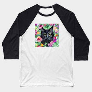 Black Cat In Flowers Baseball T-Shirt